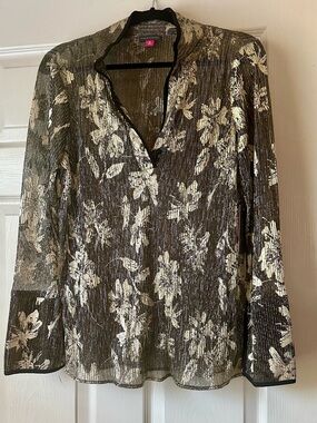 Vince Camuto Black Sheer Floral V-Neck Blouse with Metallic Gold Print
